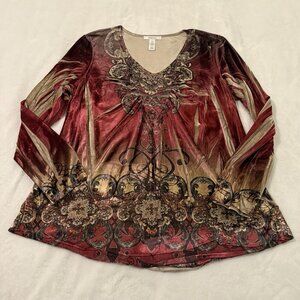 Style & Co Y2K Red Gold Velvet Velour Whimsygoth Renaissance Top XL Long Sleeves